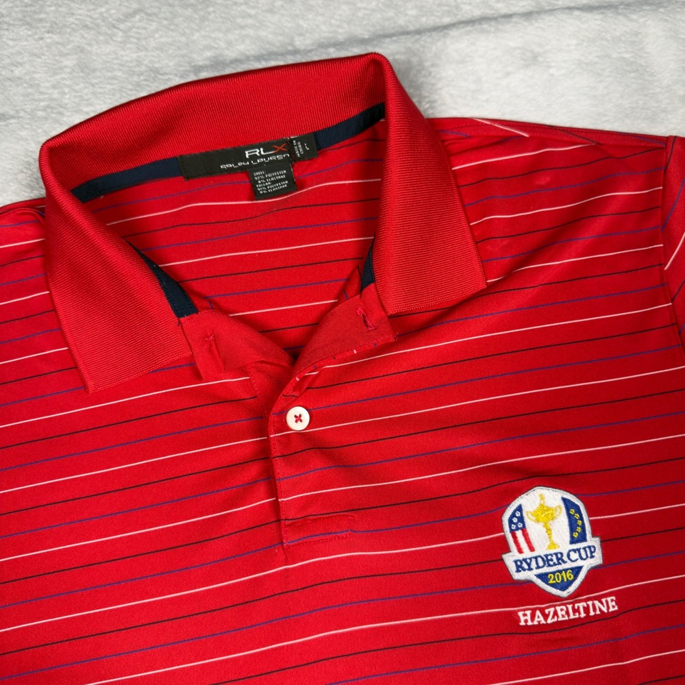 RLX Ralph Lauren Polo Shirt Mens Large Red Ryder Cup 2016 Hazeltine Striped Golf